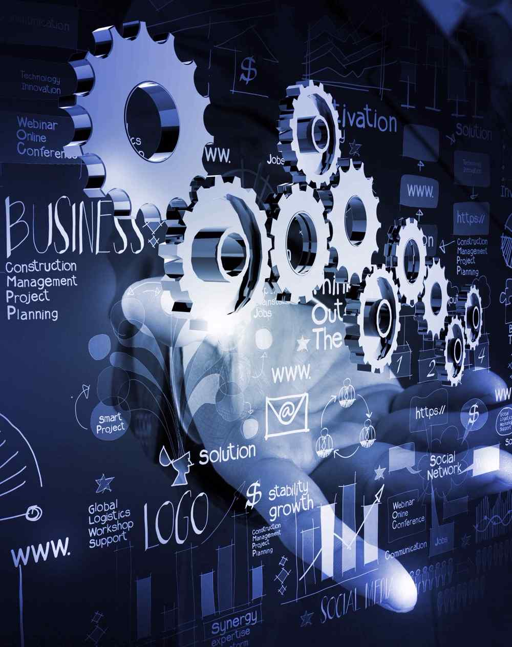 image of an open hand behind a transparent blue dashboard full of business and web related words and cogs